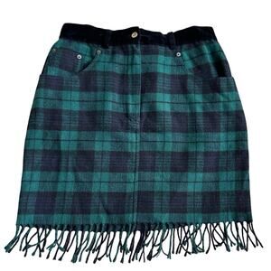 Vintage Express Plaid Mini Skirt Fringe Made in Italy Green Black Wool Small 4 6